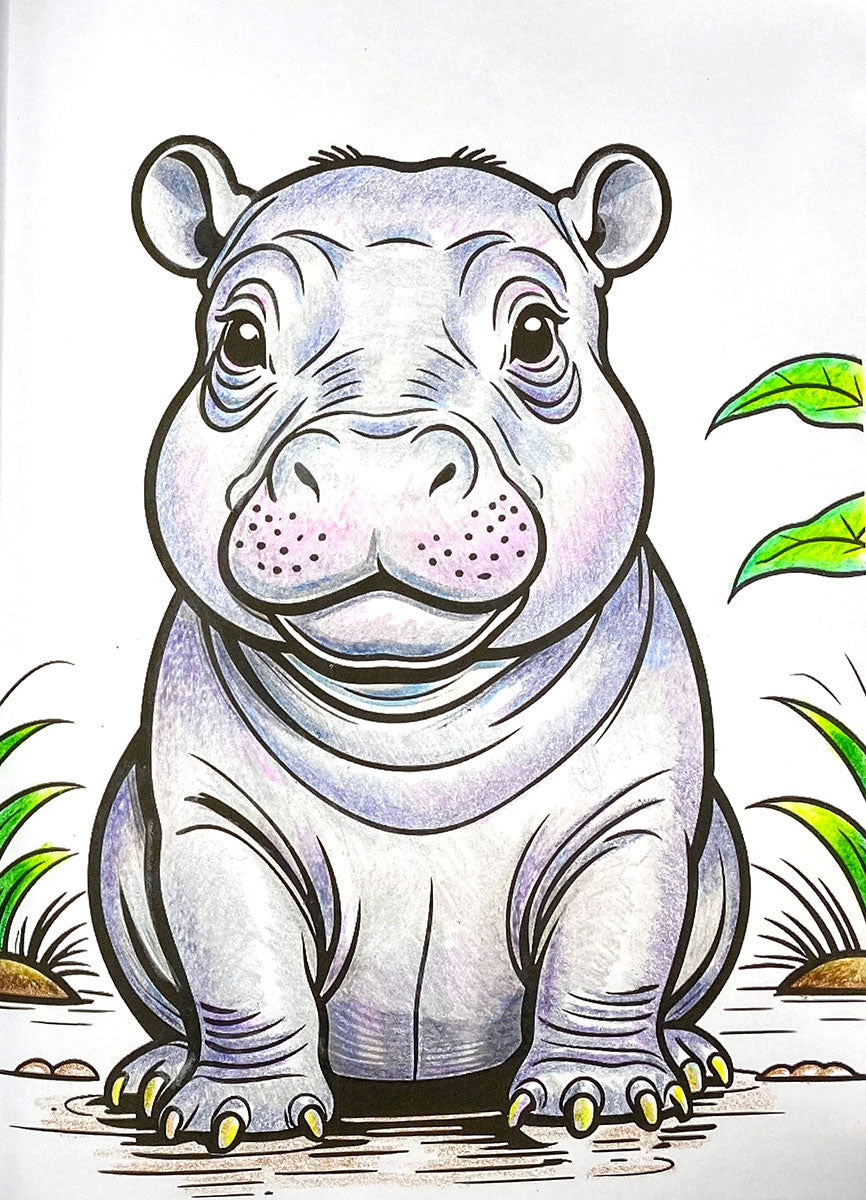 A cute cartoon illustration of a hippopotamus sitting on a patch of ground with small plants around it, drawn in black ink with light purple shading on a white background.