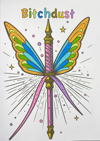 A colorful fantasy illustration of a bow and arrow hybrid with butterfly wings, topped with the text 'Bitchdust' on a white background.