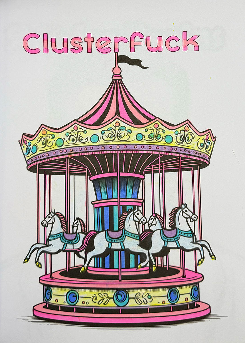 A stylized illustration of a carousel with the word 'Clusterfuck' above it, shown on a plain light background.