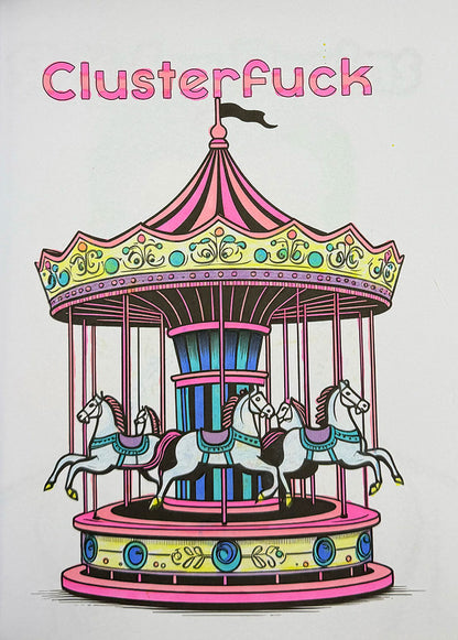 A stylized illustration of a carousel with the word 'Clusterfuck' above it, shown on a plain light background.