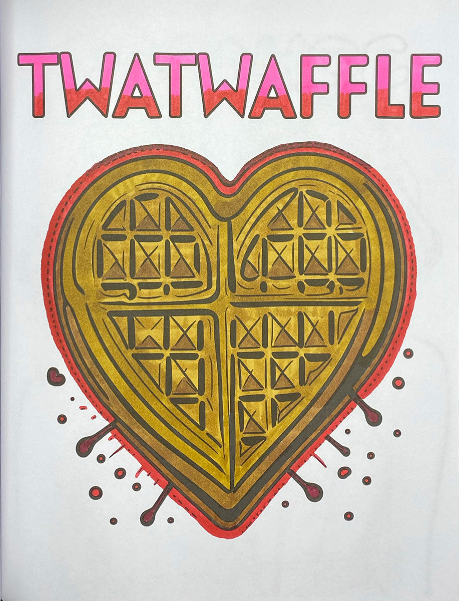 A graphic illustration of a heart-shaped waffle with the word 'TWATWAFFLE' in pink outlined letters above it, on a plain white background.
