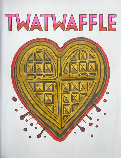 A graphic illustration of a heart-shaped waffle with the word 'TWATWAFFLE' in pink outlined letters above it, on a plain white background.