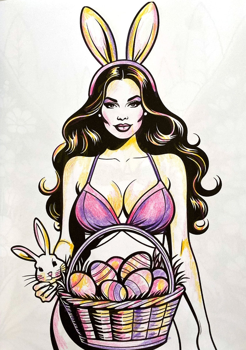 A stylized illustration of a woman with long wavy hair wearing bunny ears and a pink bikini top, holding a wicker basket filled with pastel Easter eggs, with a small rabbit peeking out from behind the basket. The artwork is rendered in bold black outlines with pink, purple, yellow, and white fills on a light background.