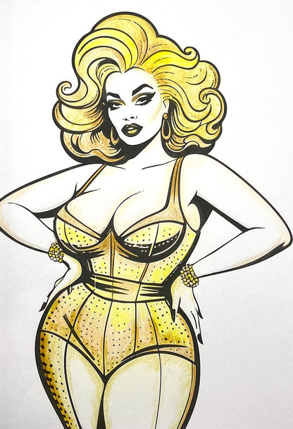 A stylized illustrated pin-up figure with voluminous blonde hair, wearing a yellow dotted bodysuit, on a plain white background.
