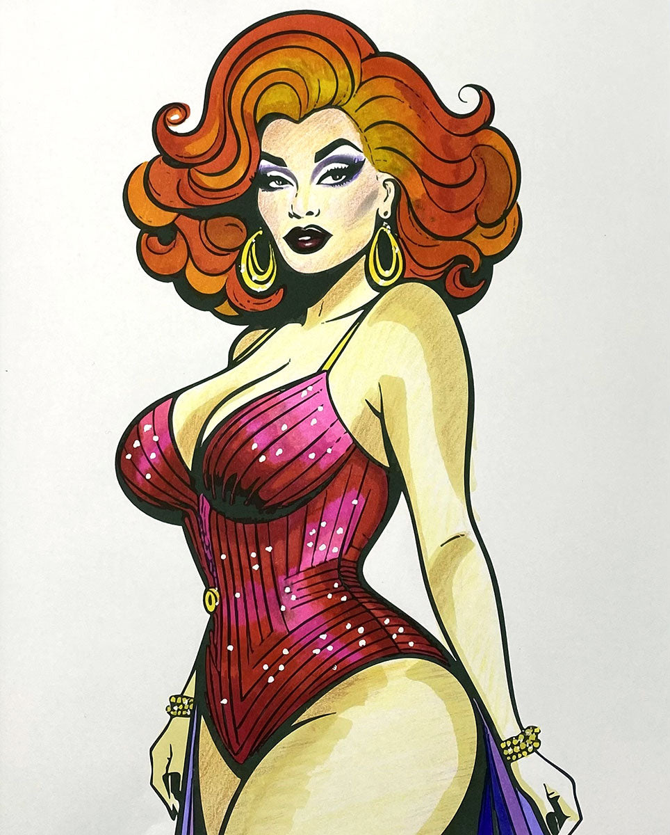 A stylized illustrated woman with voluminous orange-red hair, dramatic eye makeup, and large gold hoop earrings, wearing a pink corset-style bodysuit with small white rhinestone details. The artwork is shown on a plain white background.