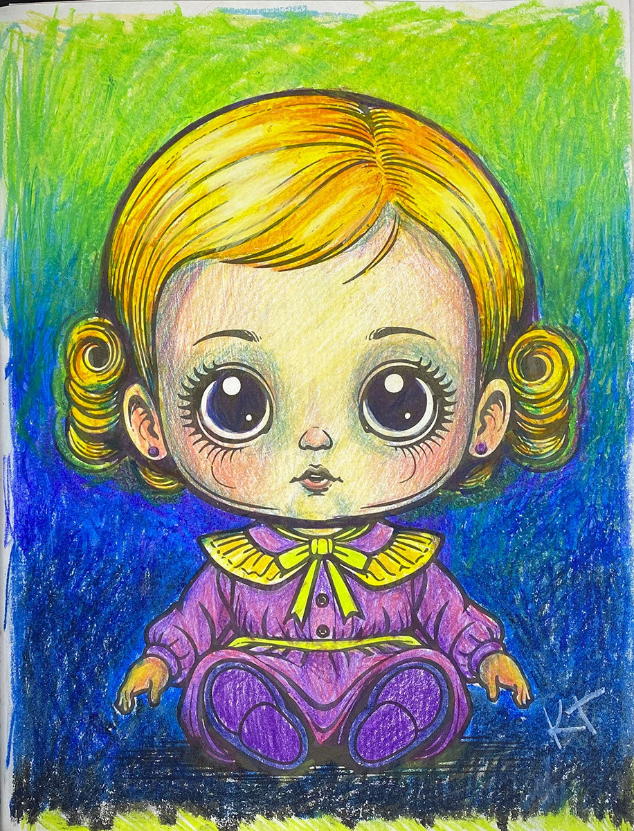 A colorful pastel or colored pencil drawing of a cute cartoon-style baby doll with large eyes, blonde hair, and a purple outfit with a yellow bow, set against a green and blue textured background.