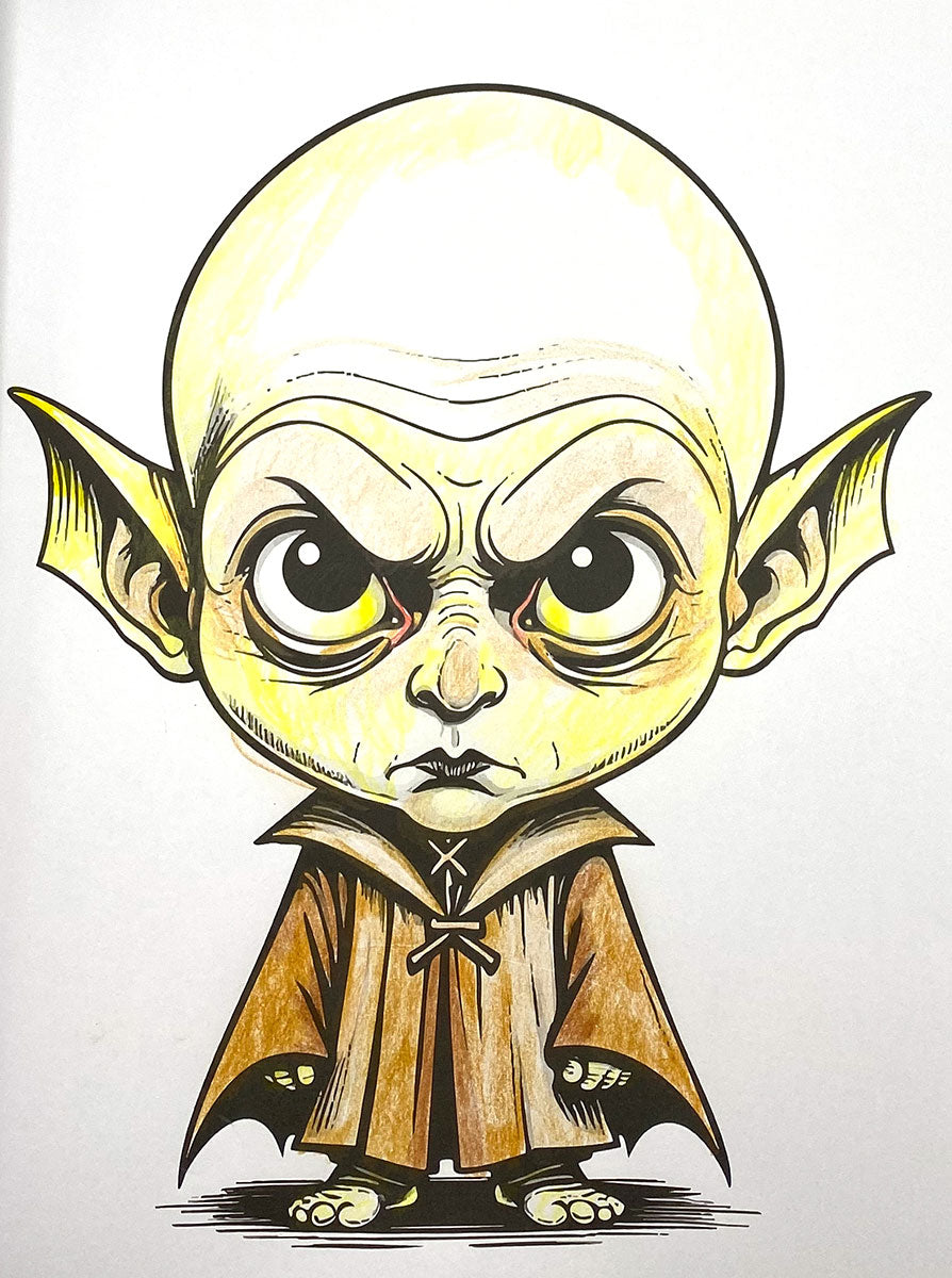 A cartoon-style illustration of a bald, pointed-eared character with an angry expression, wearing a brown robe, on a plain white background.