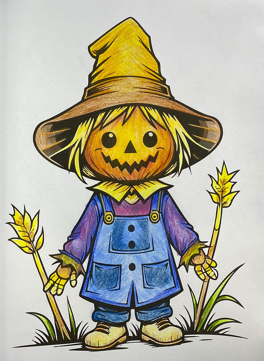 A hand-drawn cartoon scarecrow with a pumpkin head, yellow hat, blue overalls, and purple shirt, holding wheat stalks on a white background.