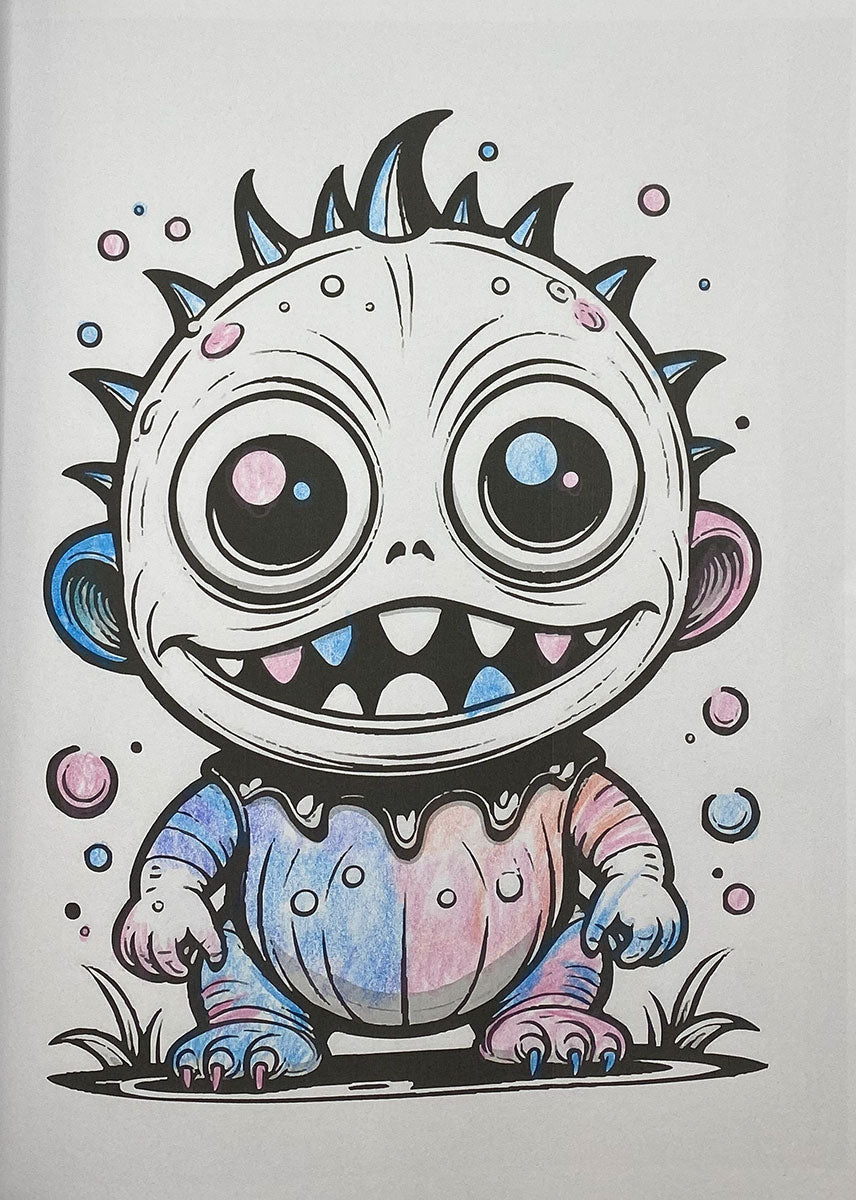 A cute cartoon monster illustration with large round eyes, spiky hair, and pastel blue and pink coloring, shown on a plain light background.