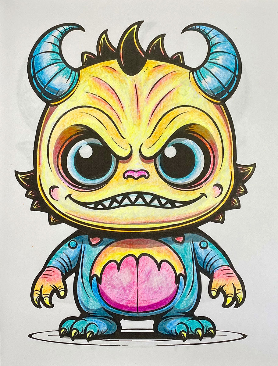 A colorful cartoon monster illustration on a plain light background. The character has a yellow face and shoulders, large blue horns, oversized blue eyes, a pink nose, sharp teeth, and a blue body with pink and yellow accents on the belly and hands.