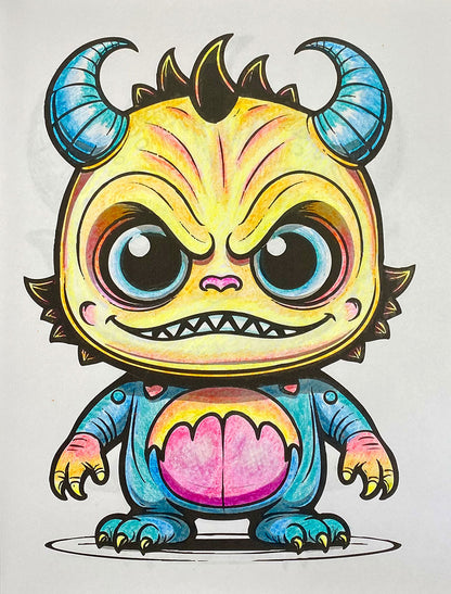 A colorful cartoon monster illustration on a plain light background. The character has a yellow face and shoulders, large blue horns, oversized blue eyes, a pink nose, sharp teeth, and a blue body with pink and yellow accents on the belly and hands.