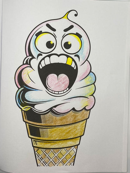 A hand-colored cartoon ice cream cone illustration on a white background. The character has an angry expression with wide eyes, a screaming mouth, and multicolored swirls of pink, yellow, blue, and white ice cream in a brown waffle cone.