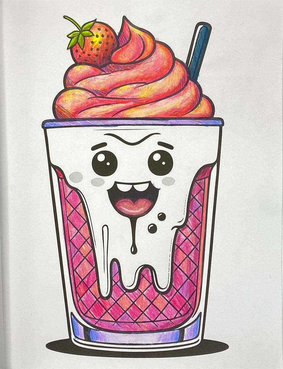 A colorful hand-drawn illustration of a cartoon strawberry milkshake in a clear cup with pink waffle-patterned sides, white whipped cream on top, a strawberry garnish, and a blue straw on a light background.