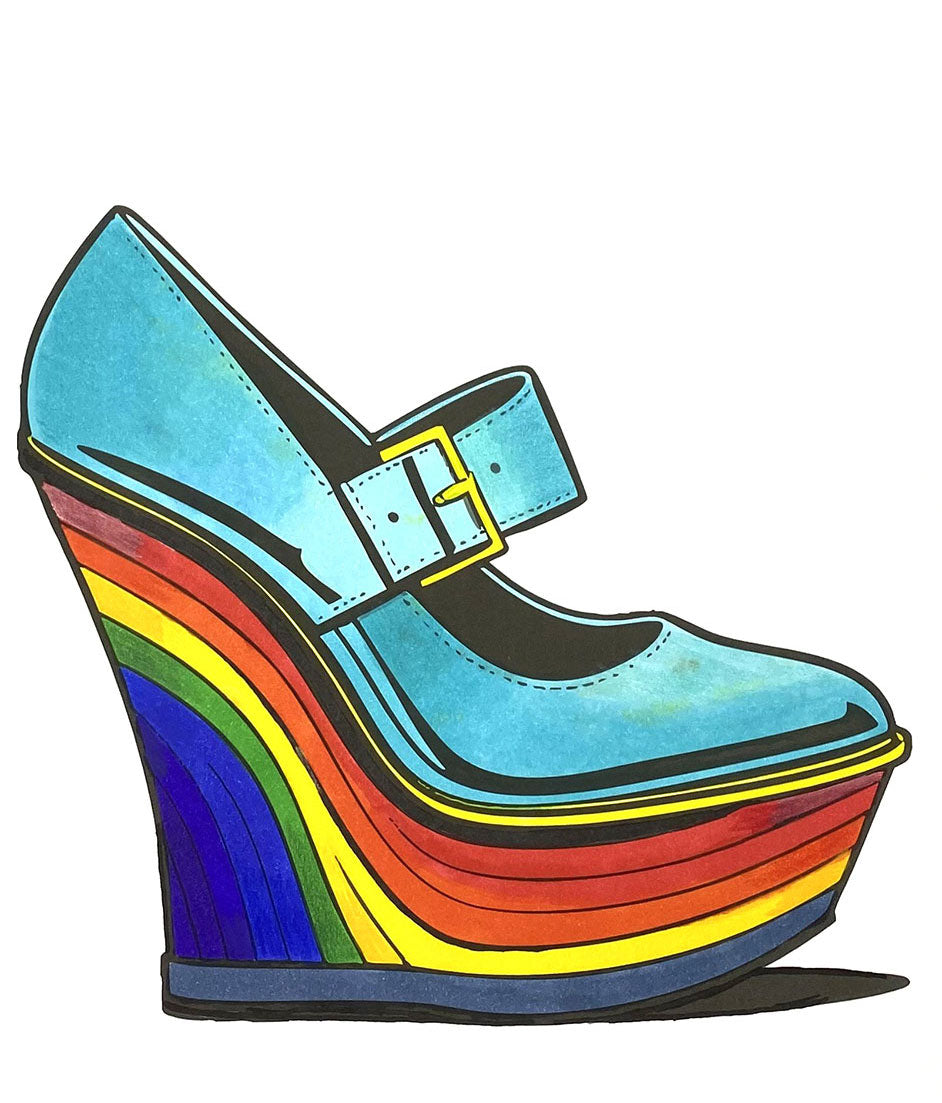 A single high-heeled platform Mary Jane shoe with a bright blue upper and a rainbow-striped wedge heel, shown on a plain white background.