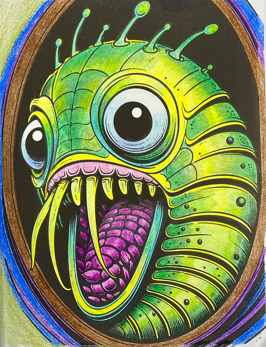 A colorful illustration of a cartoonish green monster head with large eyes, sharp teeth, and a purple tongue inside an oval frame, set against a dark background.