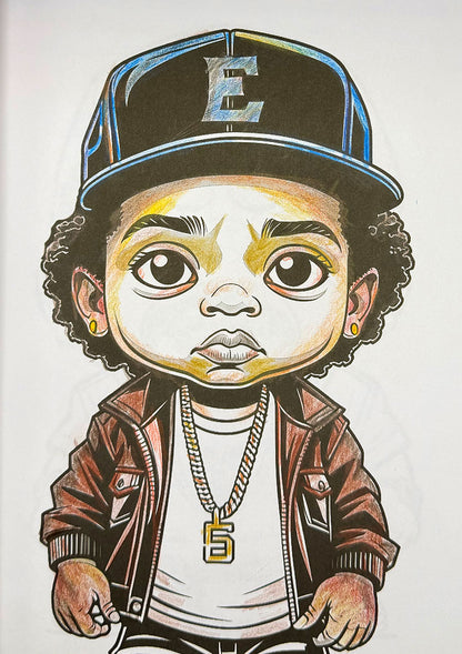 A stylized cartoon portrait of a child wearing a black baseball cap with a blue and white 'E' logo, a brown jacket over a white shirt, and a gold chain necklace with a '5' pendant, on a plain white background.