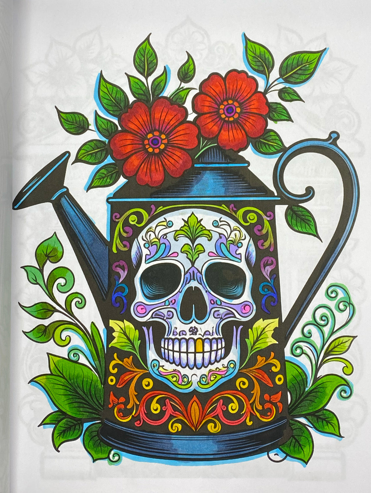 A colorful Day of the Dead style illustration of a watering can shaped like a decorated sugar skull, with red flowers and green leaves on a white background.