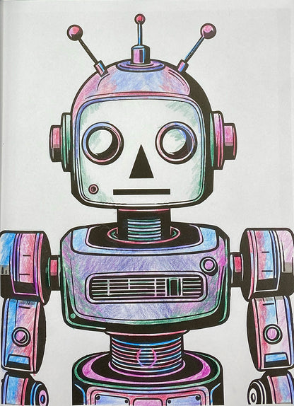 A stylized retro robot illustration centered on a light background, with pink, purple, blue, and black linework and no visible real-world environment or person.