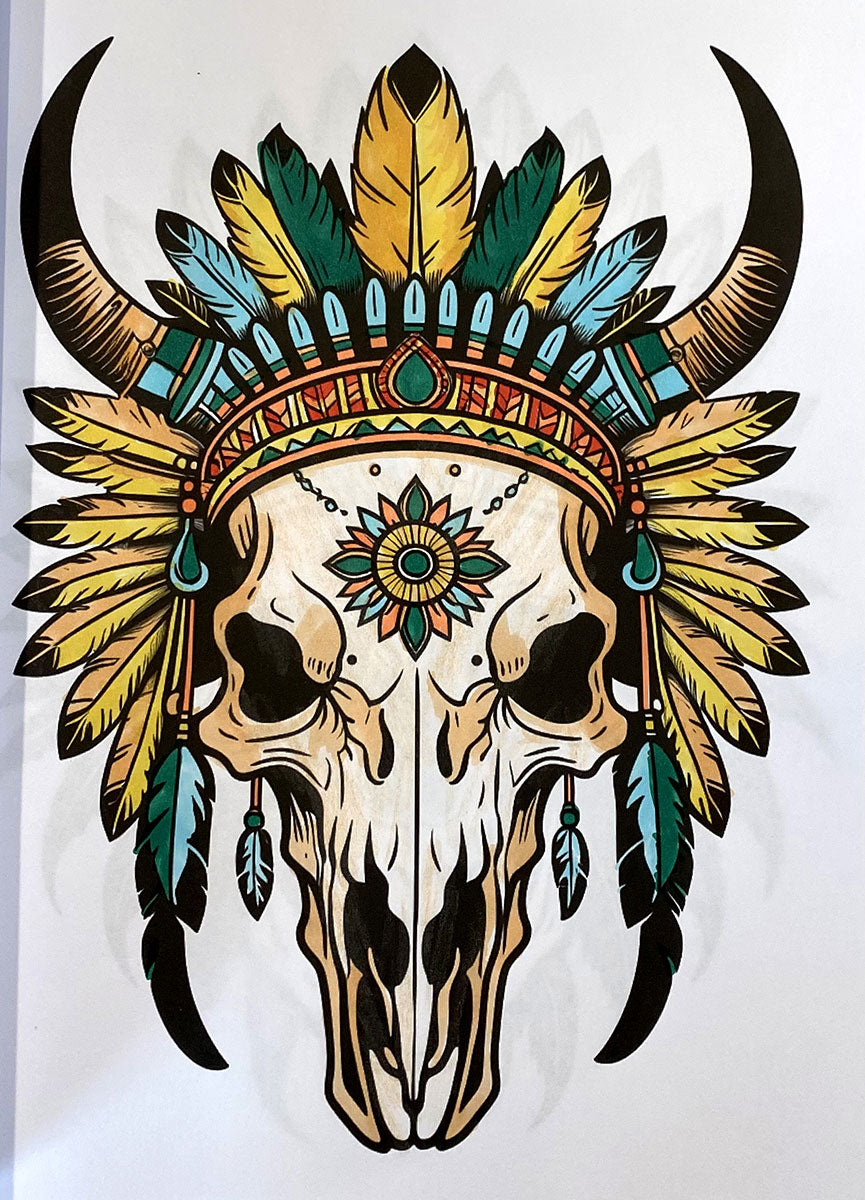 A stylized illustrated animal skull wearing a feathered headdress with curved horns, shown on a plain white background.