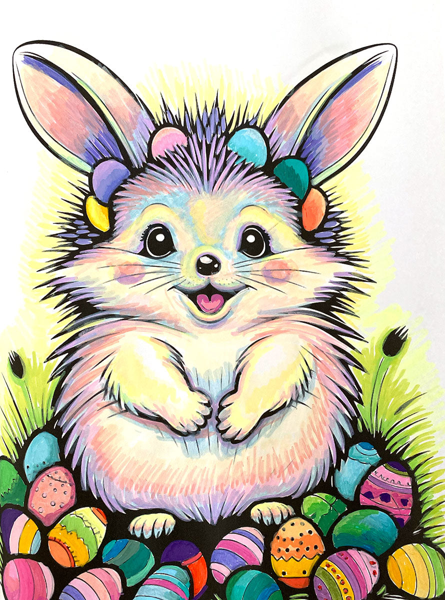 A colorful cartoon-style illustration of a fluffy bunny/hedgehog with long ears, surrounded by decorated Easter eggs and green grass on a white background.