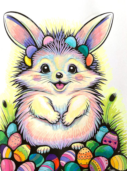 A colorful cartoon-style illustration of a fluffy bunny/hedgehog with long ears, surrounded by decorated Easter eggs and green grass on a white background.