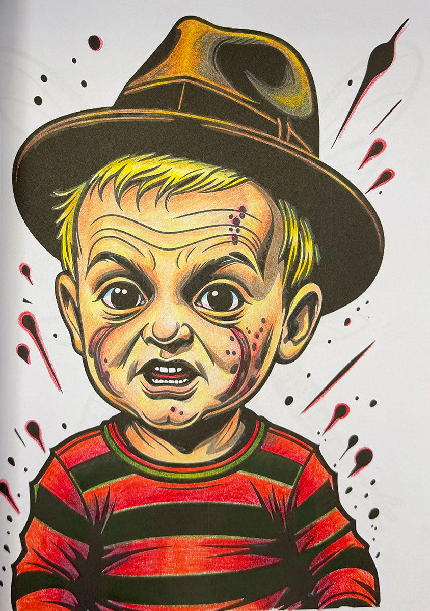 A stylized illustrated portrait of a child-like character wearing a dark fedora hat and a red-and-black striped shirt, with splatter and slash marks on a white background.