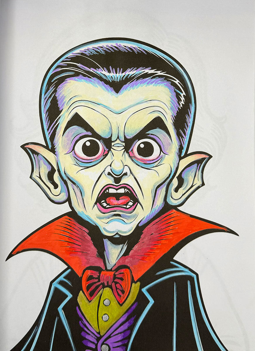 A stylized illustrated vampire portrait with large eyes, pointed ears, black hair, a red cape collar, and a bow tie on a light background.
