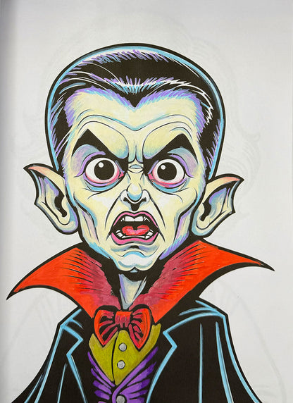 A stylized illustrated vampire portrait with large eyes, pointed ears, black hair, a red cape collar, and a bow tie on a light background.