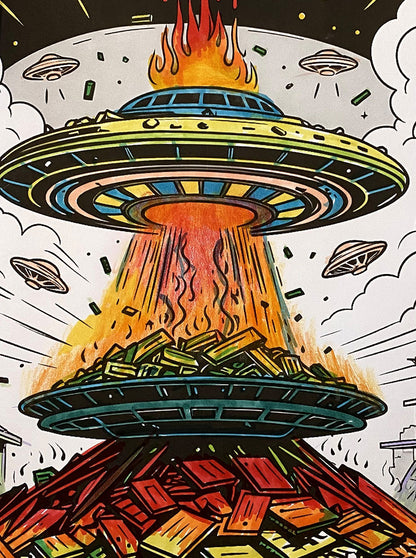 Comic-style illustration of a large flying saucer with flames and beams of light, surrounded by smaller UFOs in a dramatic sci-fi scene.